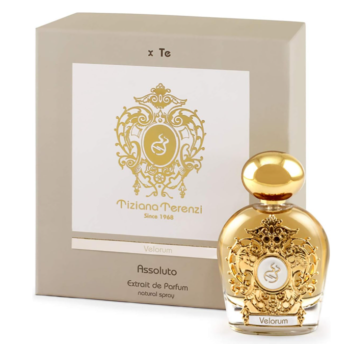 Tiziana Terenzi Velorum perfume bottle and packaging on a white background
