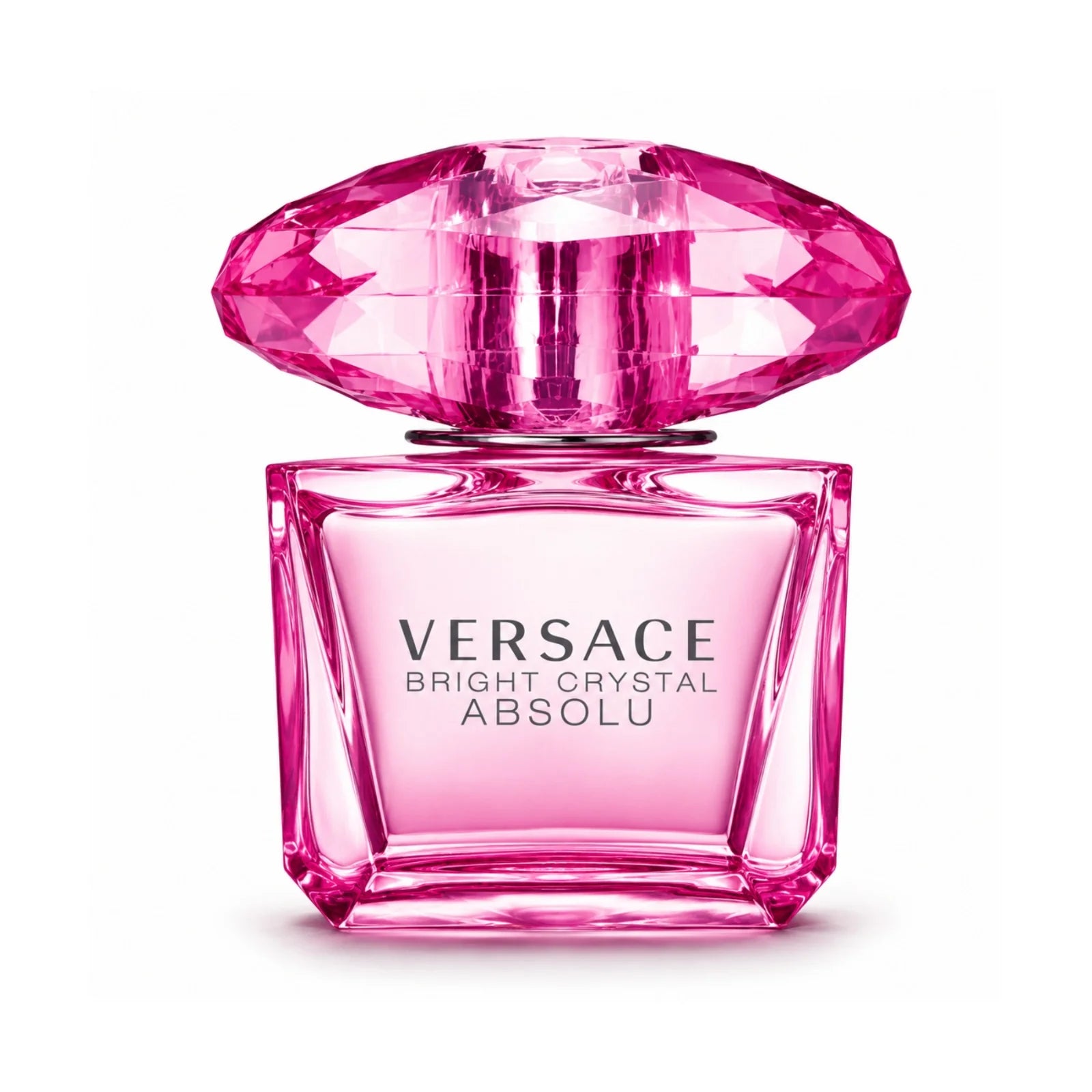 Versace Bright Crystal Absolu perfume bottle in vibrant pink glass with a faceted crystal-like cap, shown on a white background.