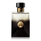 Perfume bottle with gold emblem on a white background