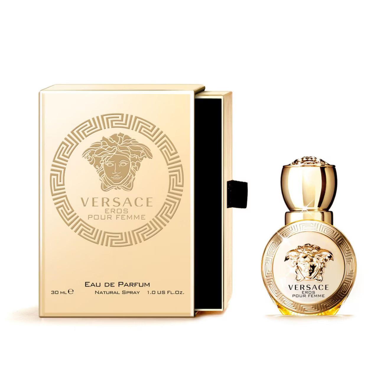 Versace Eros pour Femme perfume bottle and packaging on a white background