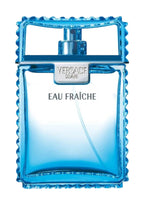 A blue glass bottle of Versace Man Eau Fraiche for Men EDT perfume with a clear, silver cap.