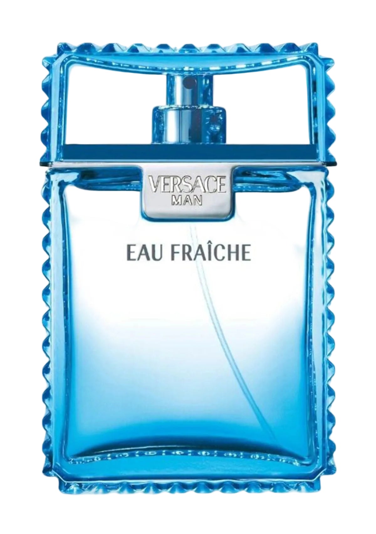 A blue glass bottle of Versace Man Eau Fraiche for Men EDT perfume with a clear, silver cap.
