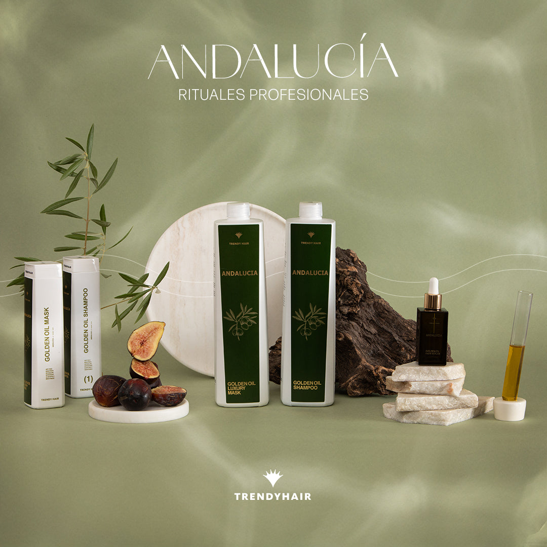 Andalucócia professional rituals products on a green background with Trendyhair branding.