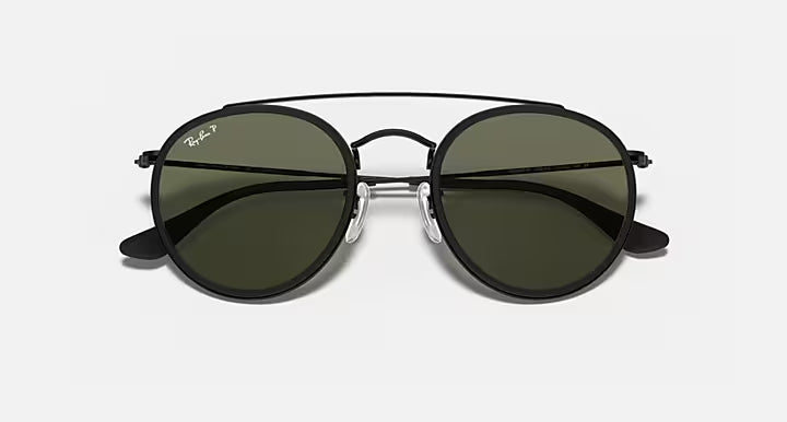 RAY-BAN ROUND DOUBLE BRIDGE Black & G-15 Green Round Sunglasses For Unisex M