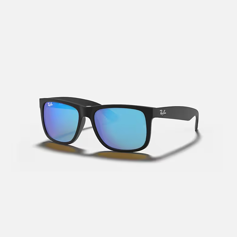 RAY-BAN JUSTIN COLOR MIX Rubber Black & Blue Mirror Square Sunglasses For Men S
