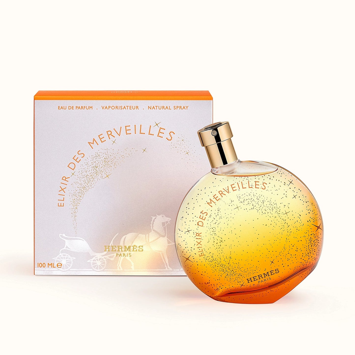 Hermes Elixir des Merveilles perfume bottle and packaging on a white background